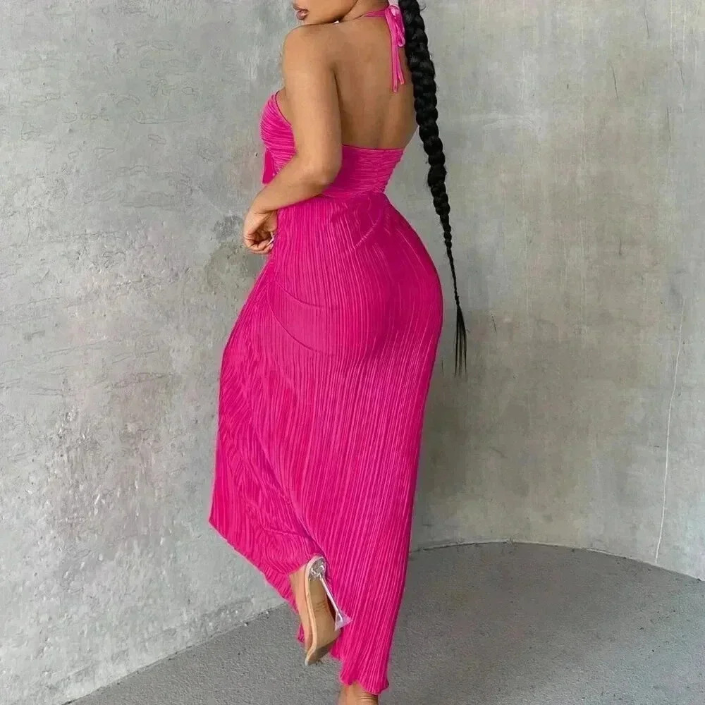 Hot Pink Sexy Women's Crisscross Tie Backless Halter Swing Dress - Picture 2 of 7
